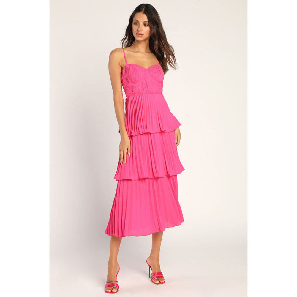 Lulus Cascading Crush Hot Pink Tiered Midi Dress - Size M